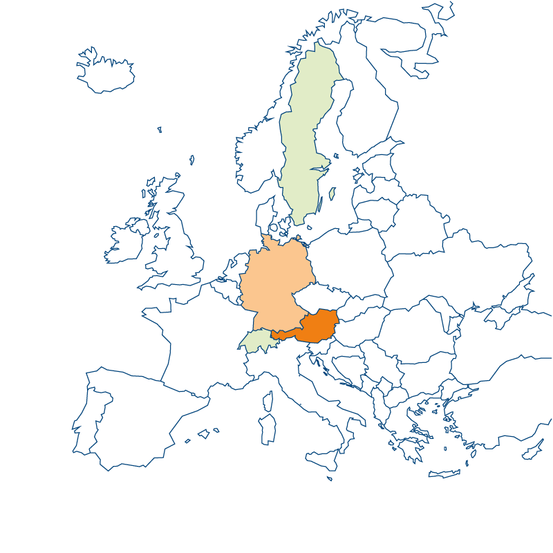 karta över europa med sverige och schweiz i grönt och österrike och tyskland i orange