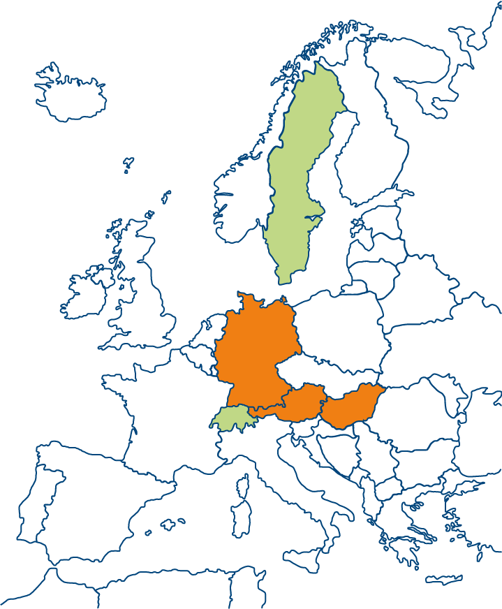 map of europe with sweden and switzerland in green and germany, austria and hungary in orange