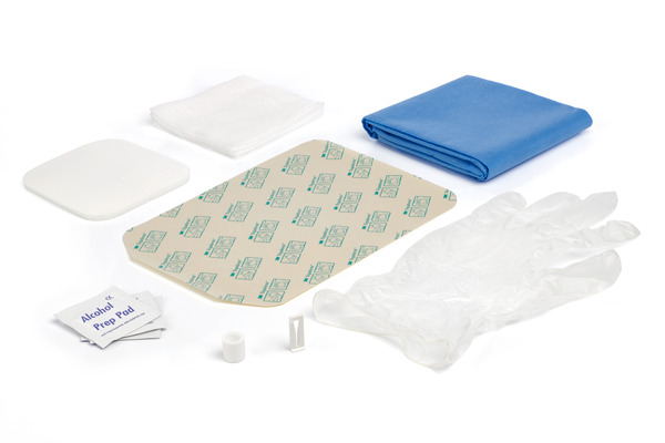 drainova dressing kit contains gloves, cap, alcohol wipes, dressing material and emergency clamp
